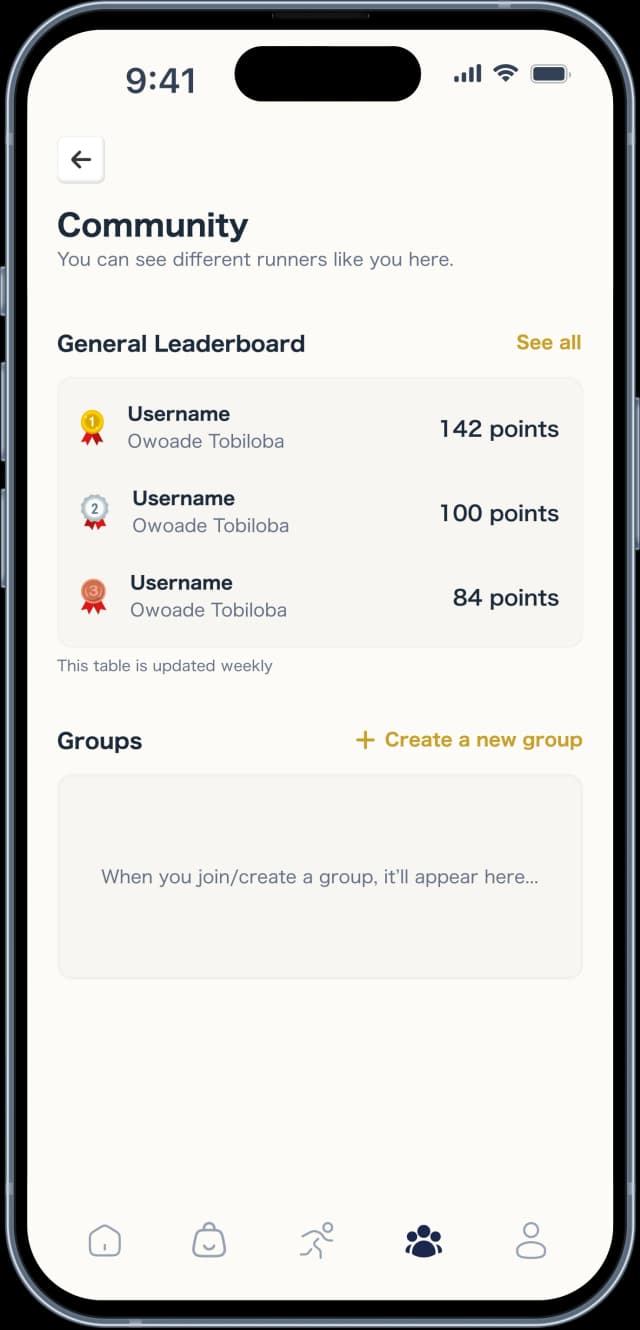 Community page showing general leadrboard & groups joined.