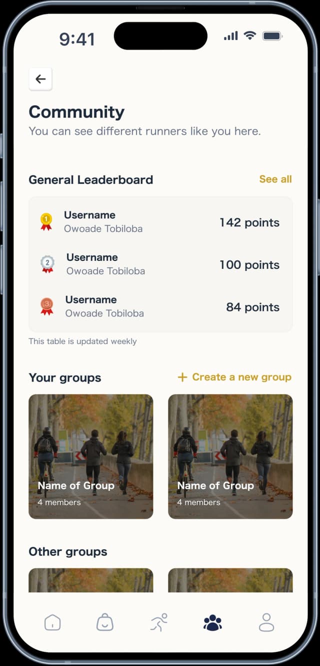 Community page with groups added and joined.