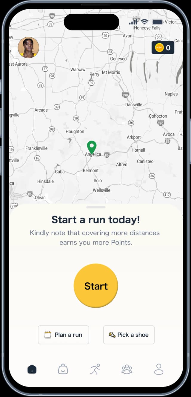 Start Run Screen / Plan a run Screen / Pick a virtual shoe screen.